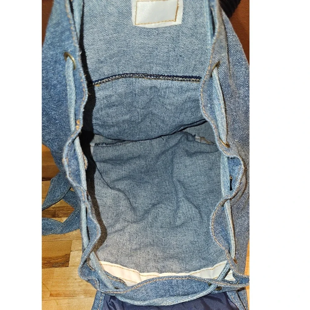Classic Traditions Vintage Denim Patchwork Backpack Plaid Rucksack Blue Medium